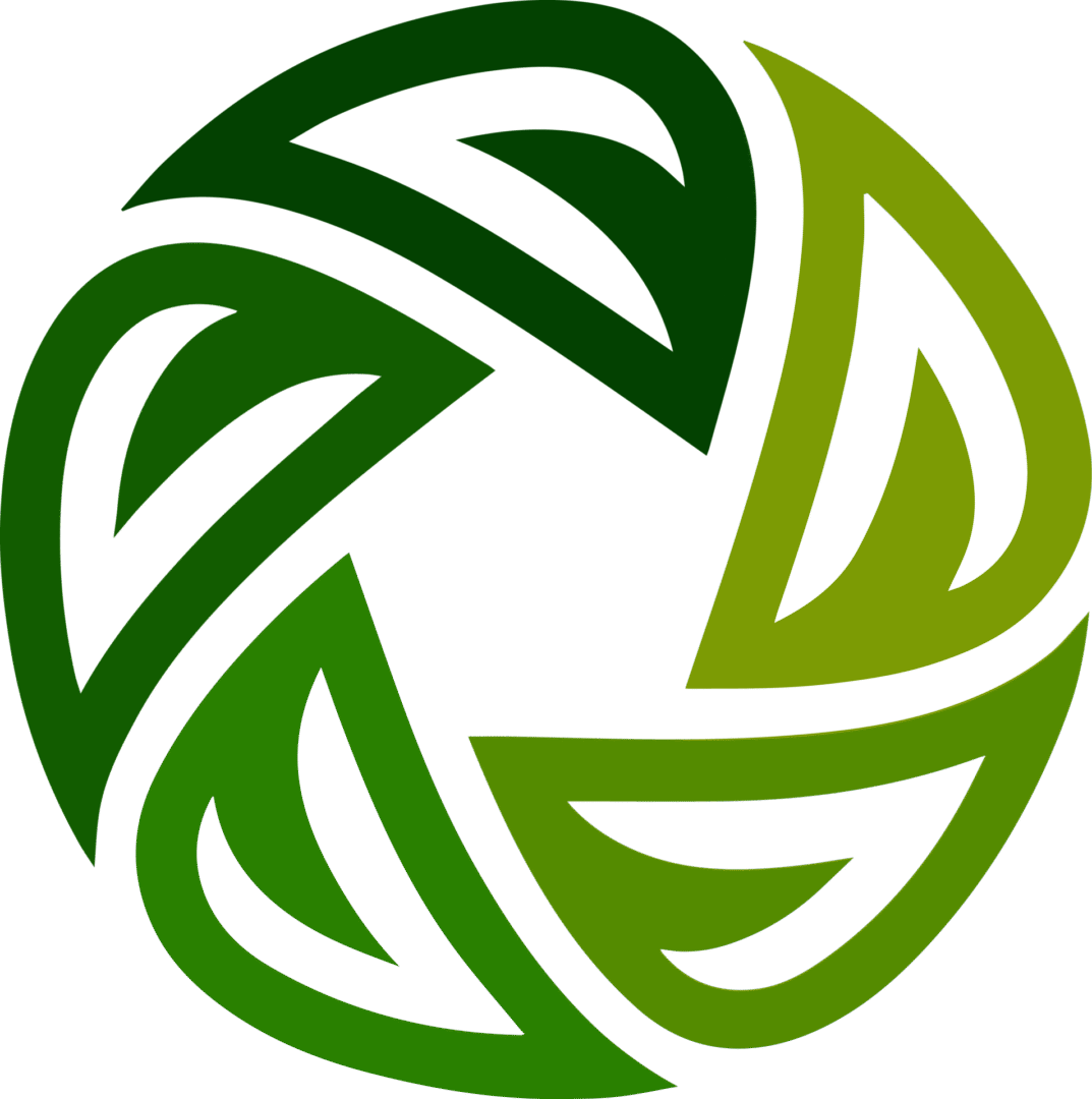 A green circular logo with interwoven leaf shapes.