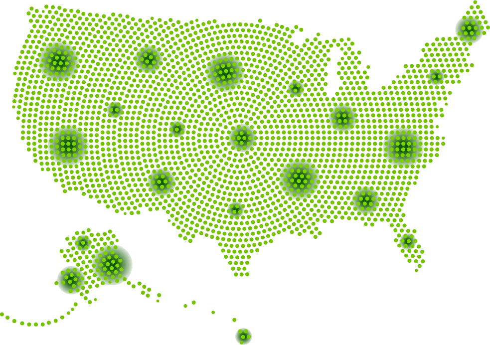 A pixelated map of the United States with green and gray regions.