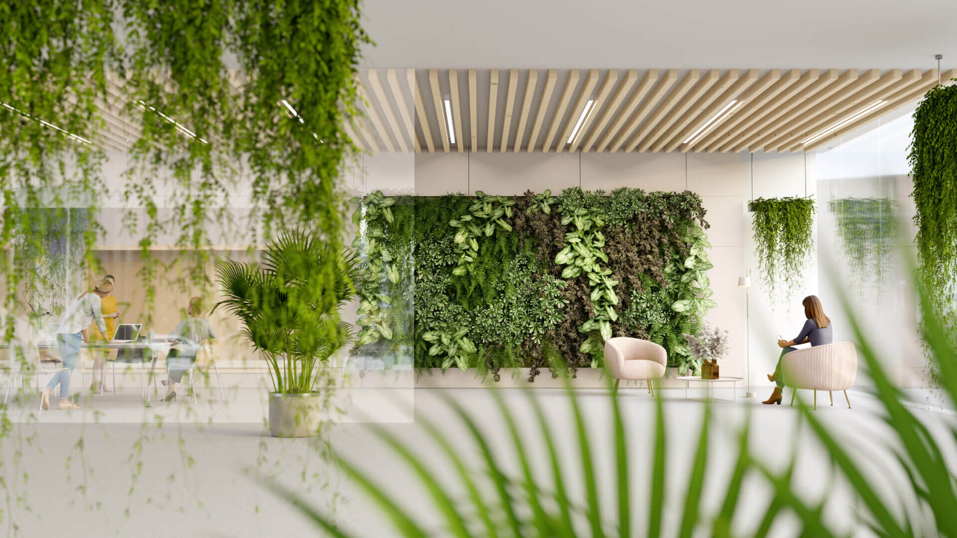 Modern indoor space with lush green plants and stylish decor.
