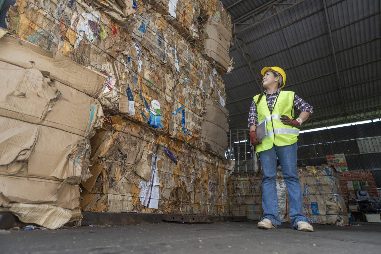 Female worker in safety gear inspecting large stacks of baled cardboard inside an industrial recycling warehouse. Concept of waste management and sustainability.