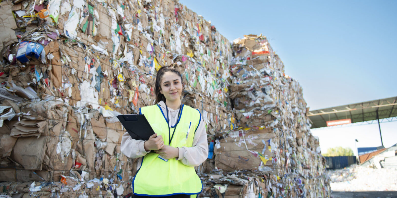 Environmental Engineer girl working at recycling plant taking notes in front of piles of cardboard waste.Calculates waste amounts in front of paper and cardboard waste. Stacks of waste cardboard at the recycling plant